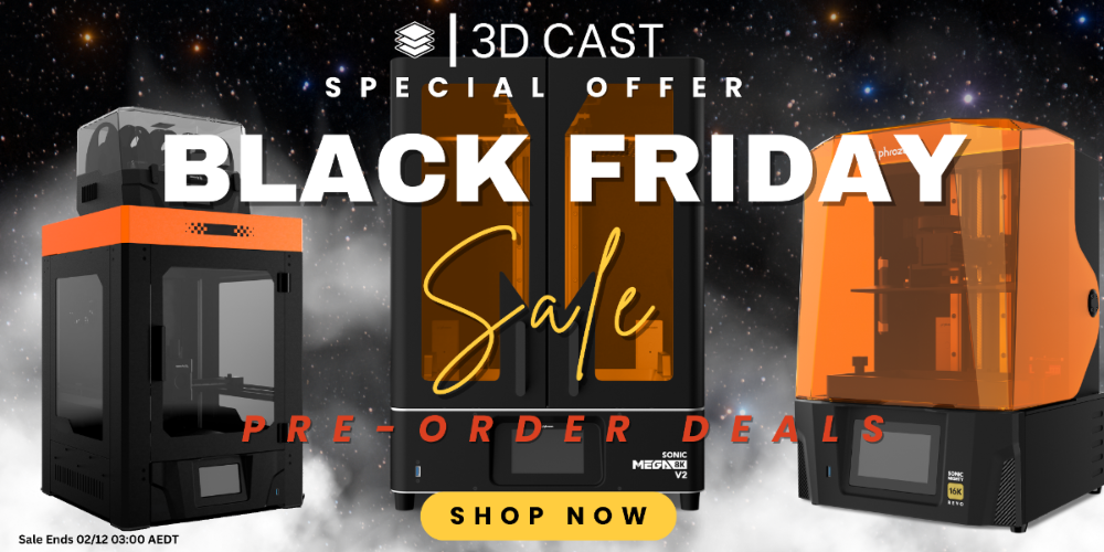 Advertisement for 3D Cast with black friday sale text and 3D printers on a space-themed background