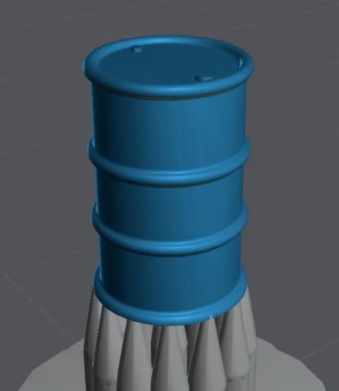 In-use shot of N scale 44 gallon drums in model railway yard diorama
