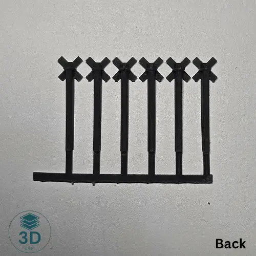 Printed sample of HO Scale whistle board rail post 6-piece sprue rear view