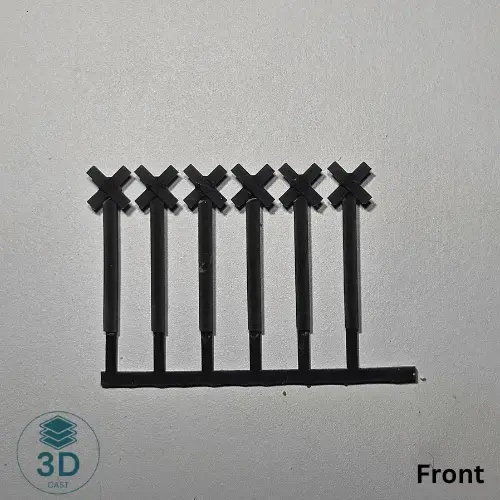 Printed sample of HO Scale whistle board rail post 6-piece sprue front view