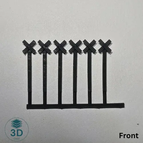 Printed sample of HO Scale whistle board wooden post sprue front view