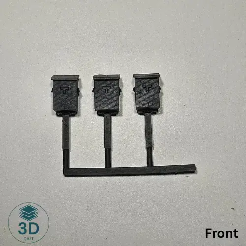 Printed sample of HO Scale wooden phone box rail post sprue front view