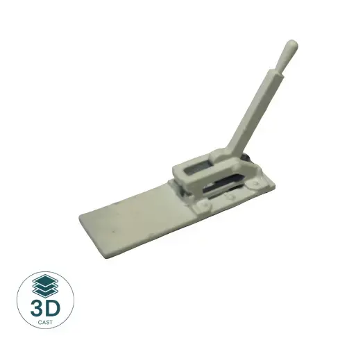 Close-up of HO Scale WSA point lever in reverse position showing lever throw
