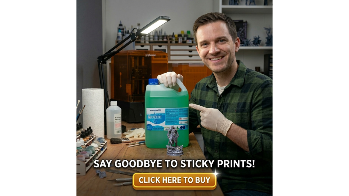 A happy 3D printer operator pointing at a bottle of Monocure3D RinseOFF next to a perfectly cleaned resin model.