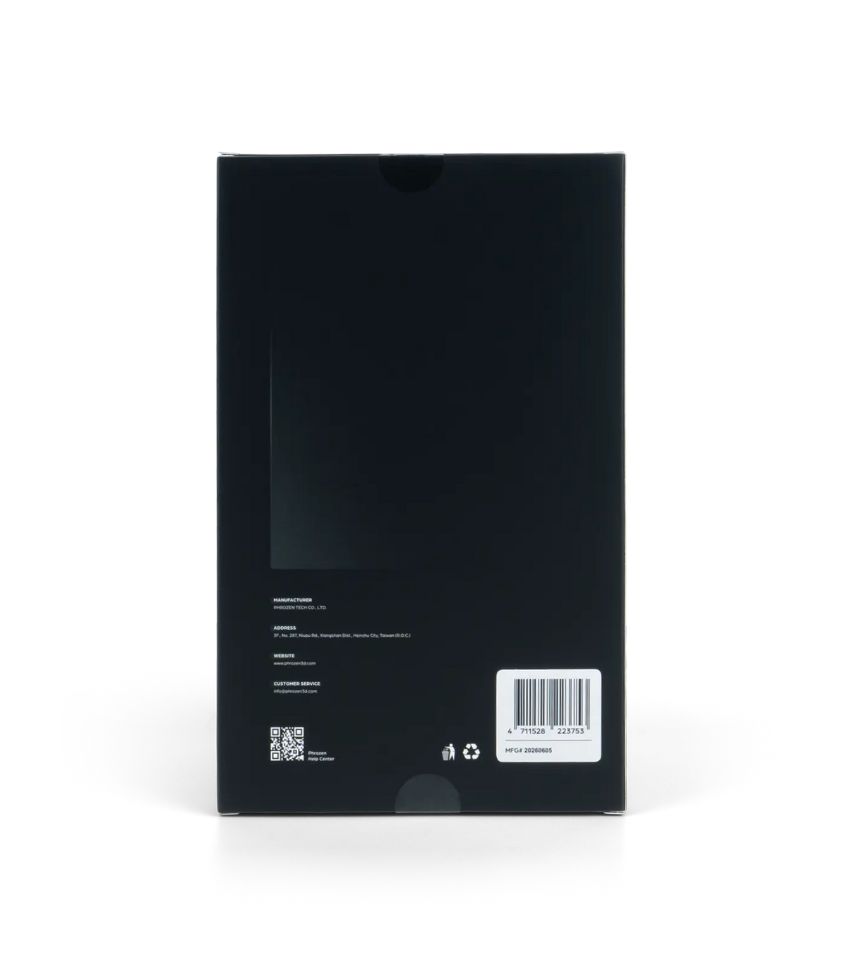Back of the Phrozen tempered glass LCD screen protector box, showing manufacturer details, barcode, and recycling icons.