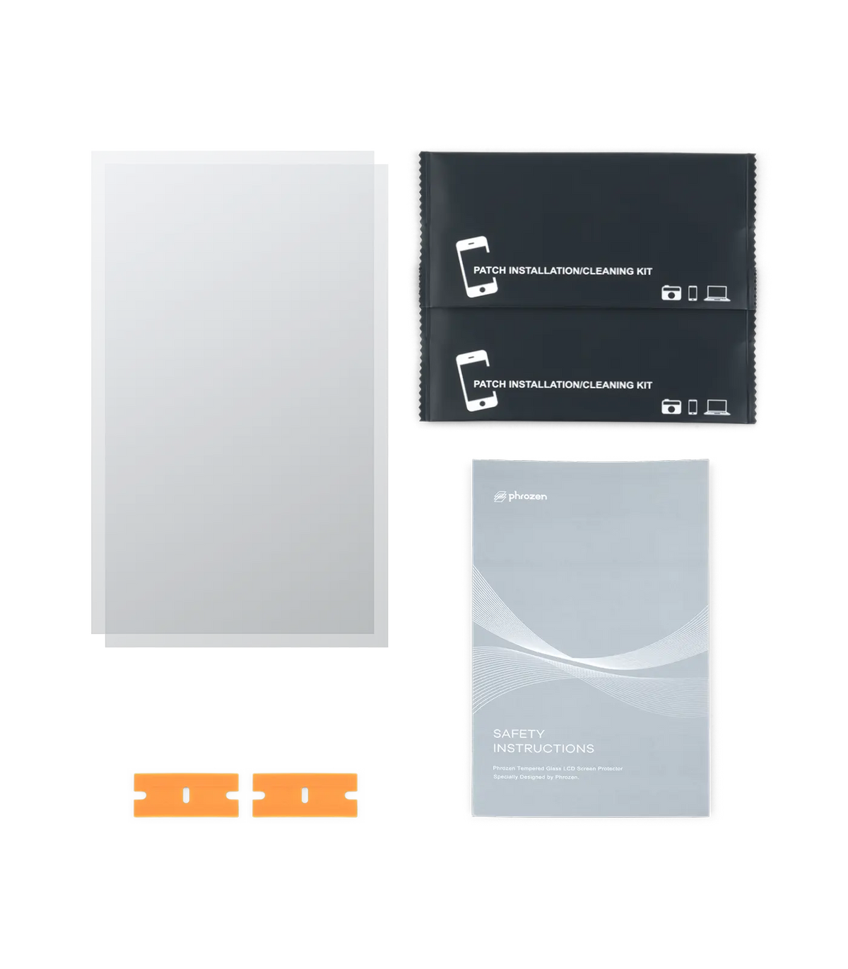 Contents of the Phrozen tempered glass LCD screen protector kit laid out: two glass panels, two patch installation and cleaning kits, two orange scraper tools, and a safety instructions booklet.