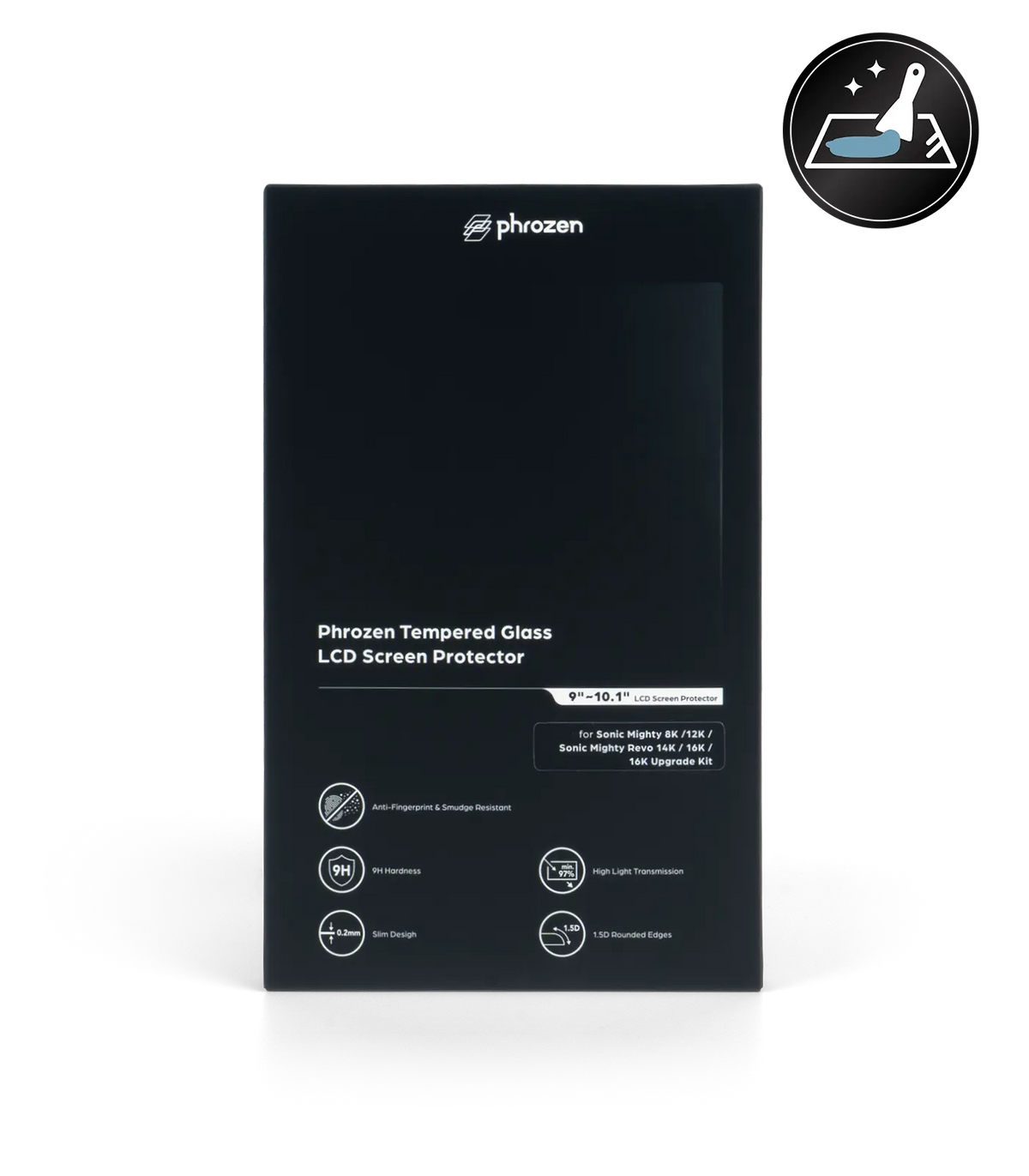 Front of the Phrozen tempered glass LCD screen protector box for Sonic Mighty 8K, 12K, Mighty Revo 14K, 16K, and 16K upgrade kit, listing features: anti fingerprint coating, 9H hardness, 0.2mm slim design, high light transmission, and 1.5D rounded edges.