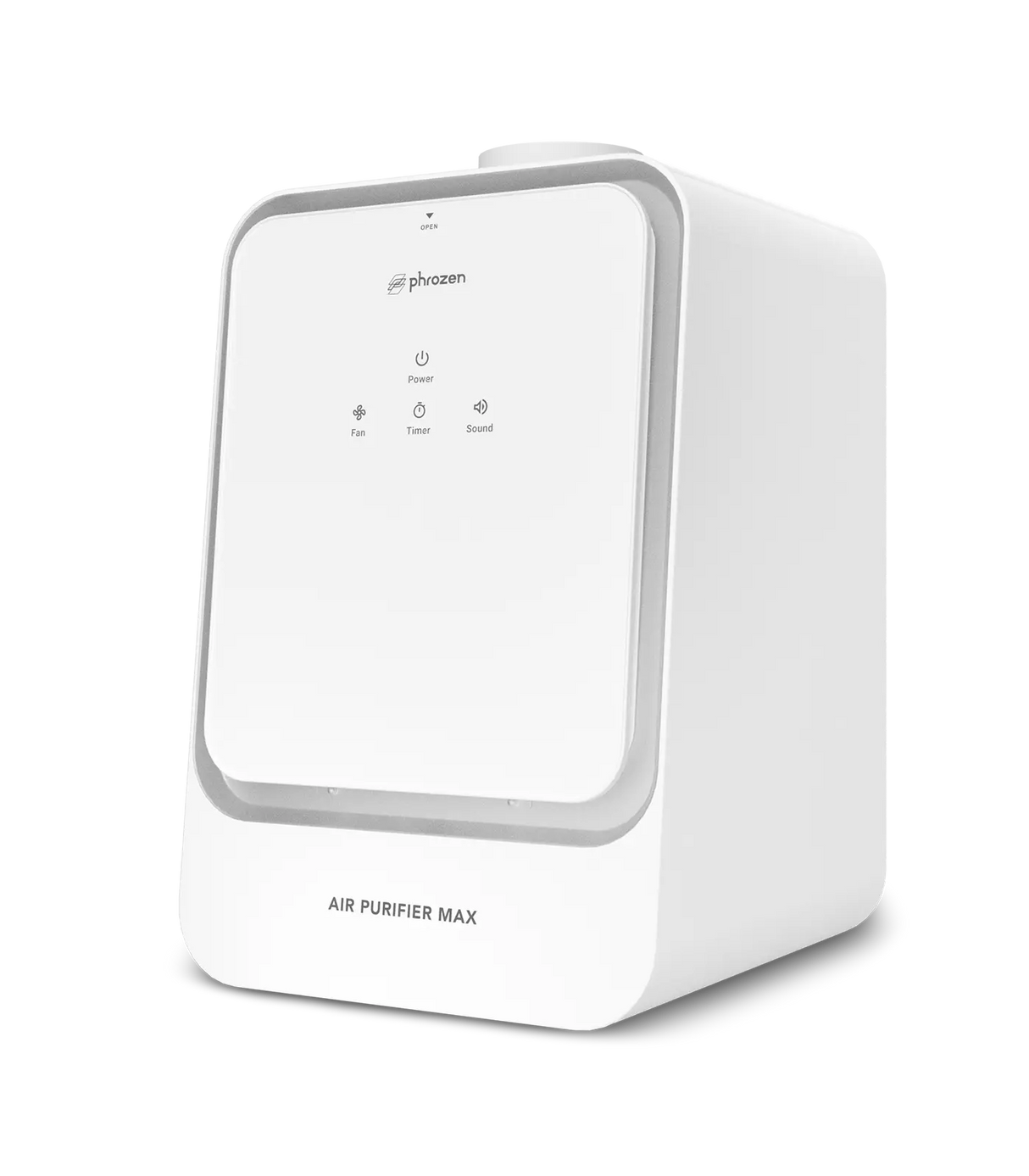 Angled view of the Phrozen Air Purifier Max showing the front touch control panel with power, fan, timer and sound icons below the Phrozen logo.