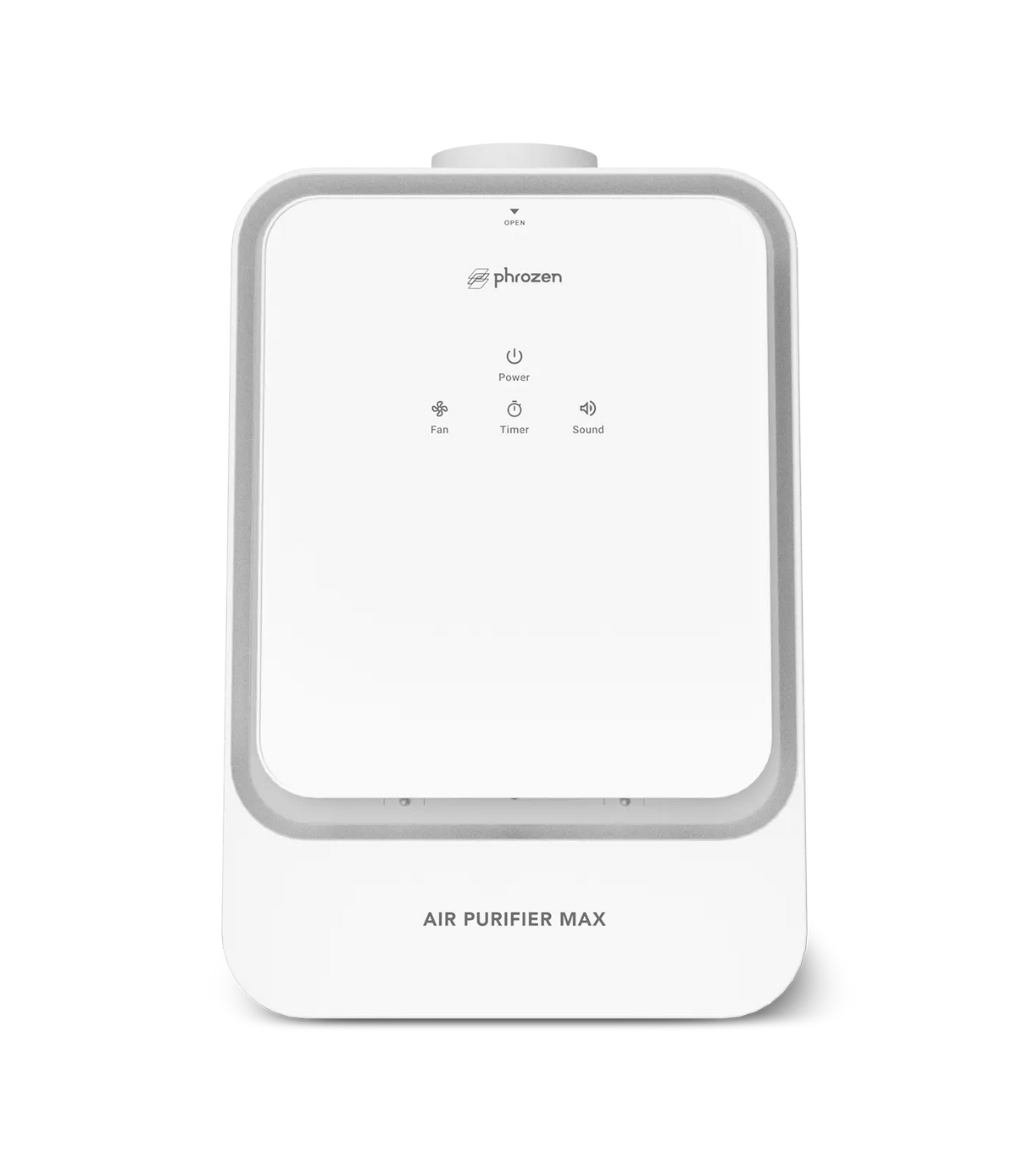 Front view of the Phrozen Air Purifier Max showing the full touch control panel with power, fan, timer and sound settings.