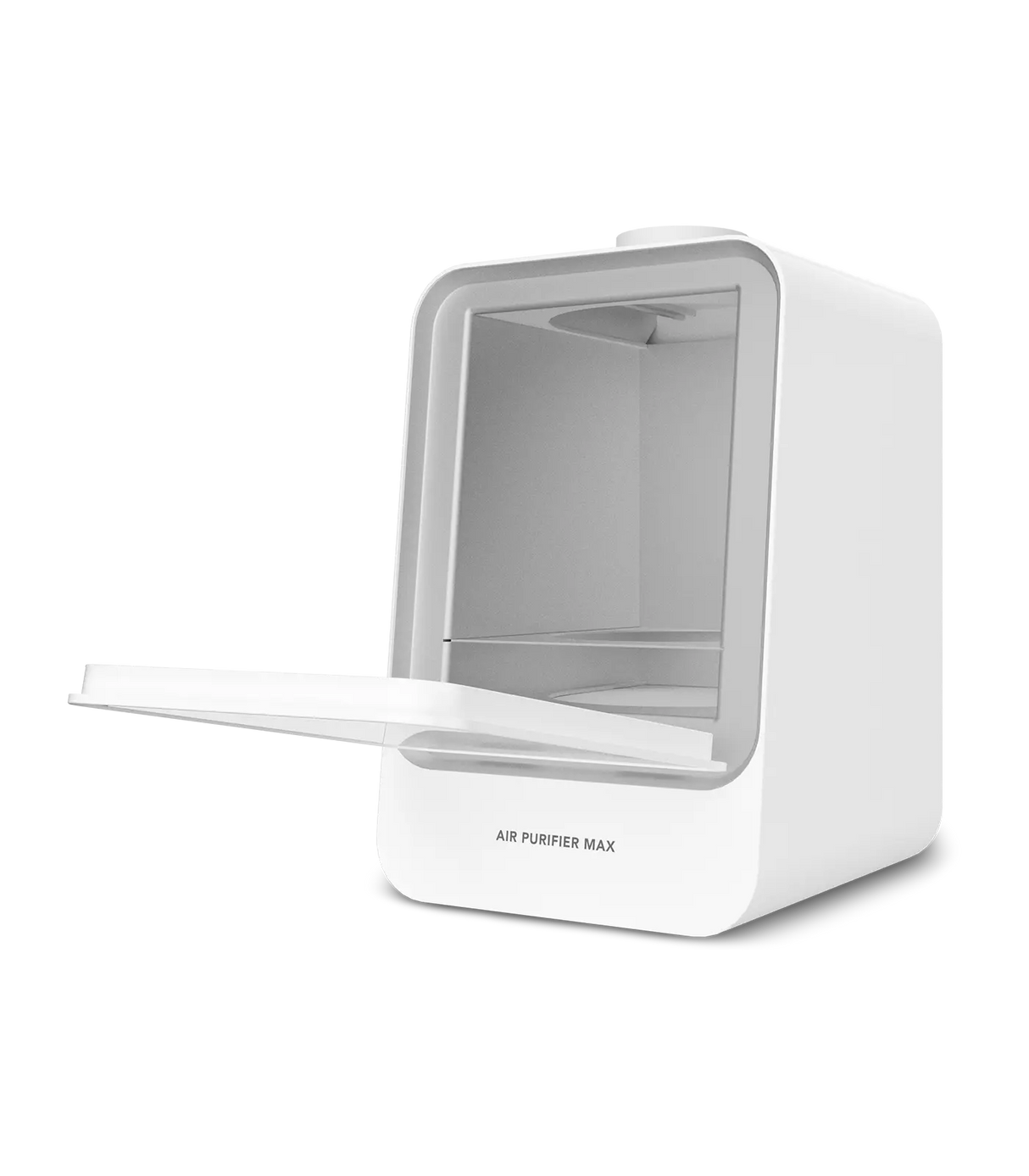 Phrozen Air Purifier Max with the front door open at an angle, revealing the empty internal filter chamber and pull out tray.