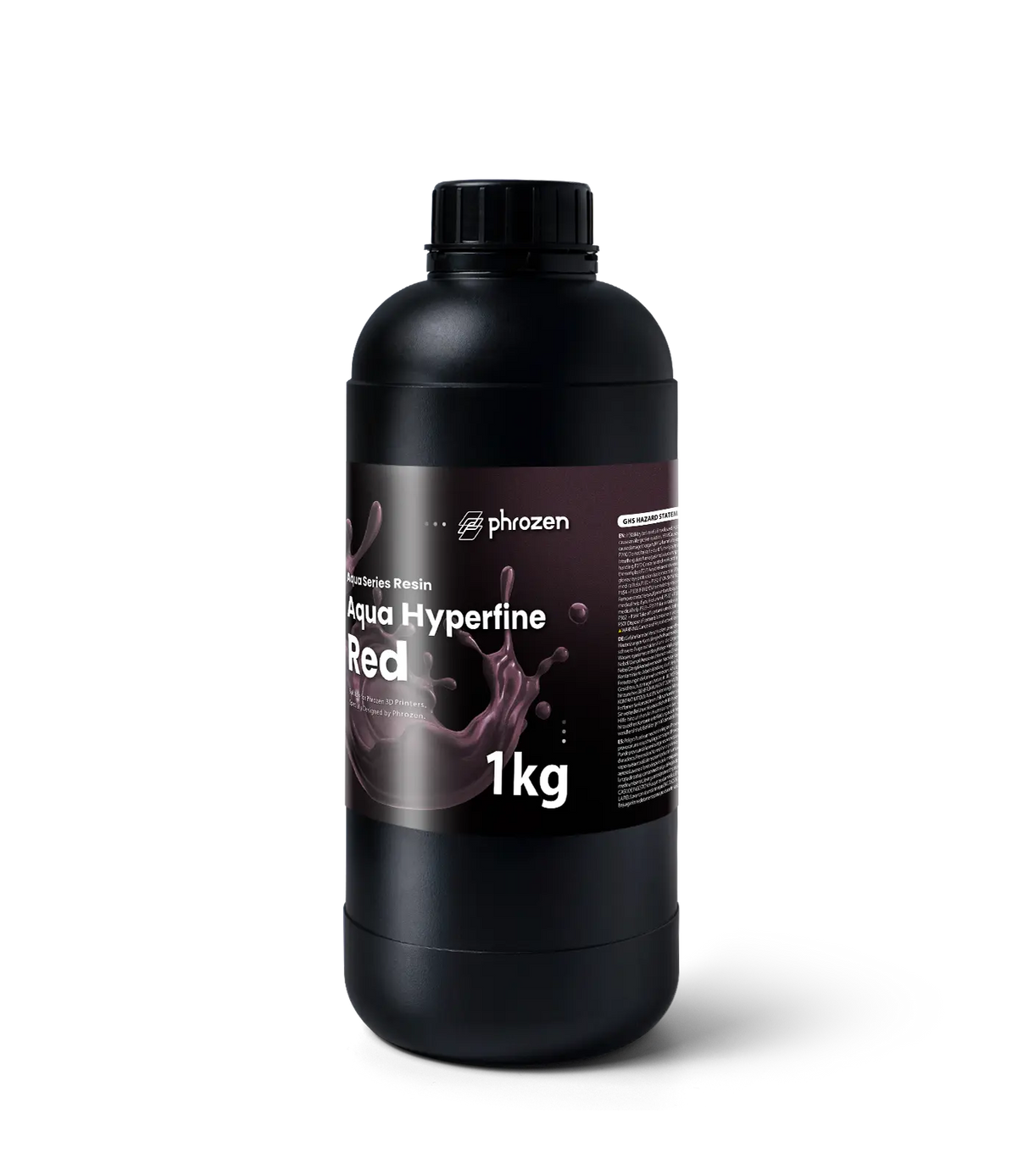 Phrozen Aqua Hyperfine Red high resolution MSLA resin 1kg bottle side view with GHS hazard statement