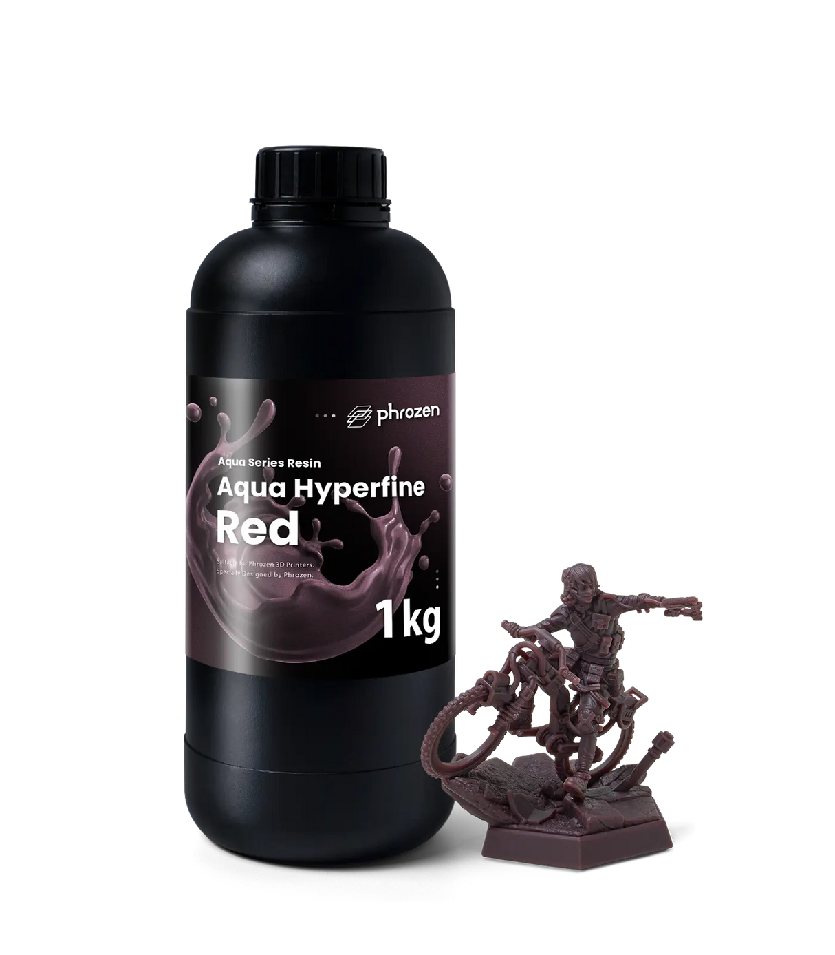 Phrozen Aqua Hyperfine Red resin 1kg bottle with printed sci-fi character miniature