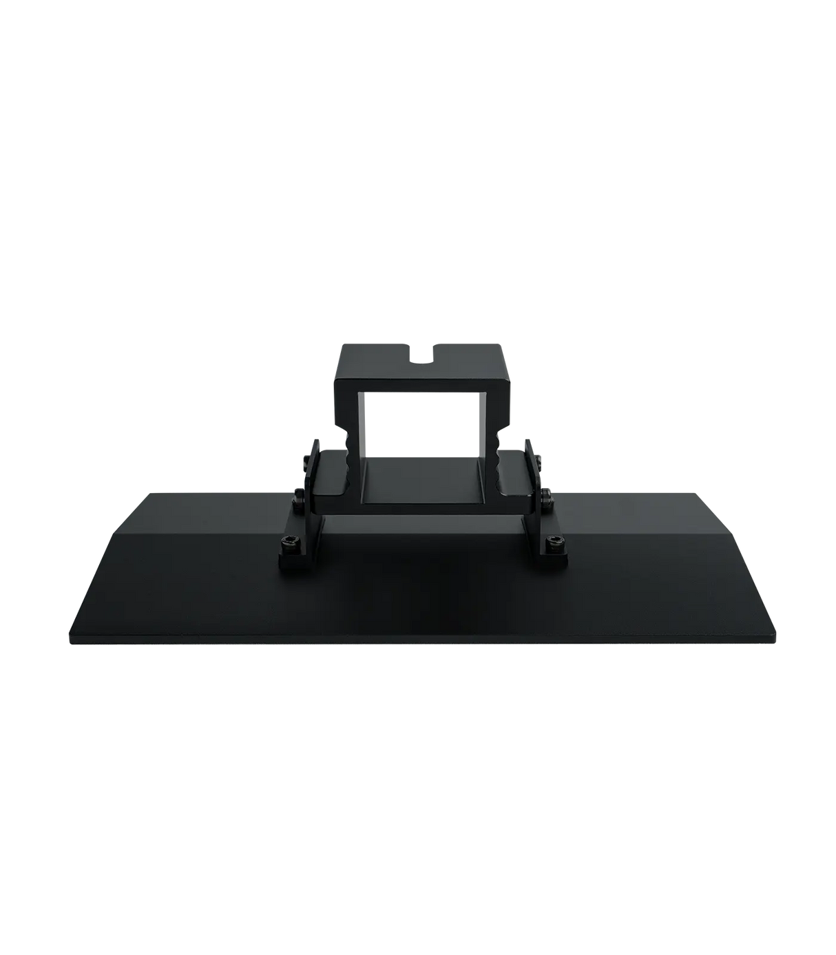 Phrozen Mighty 14 16K build plate viewed from the front, showing the solid matte black anodised aluminium plate surface and centre-mounted carriage bracket with locking mechanism