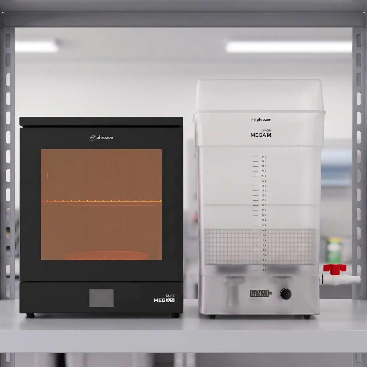 Phrozen Cure Mega S curing station and Wash Mega S wash station bundle on light grey workshop shelf