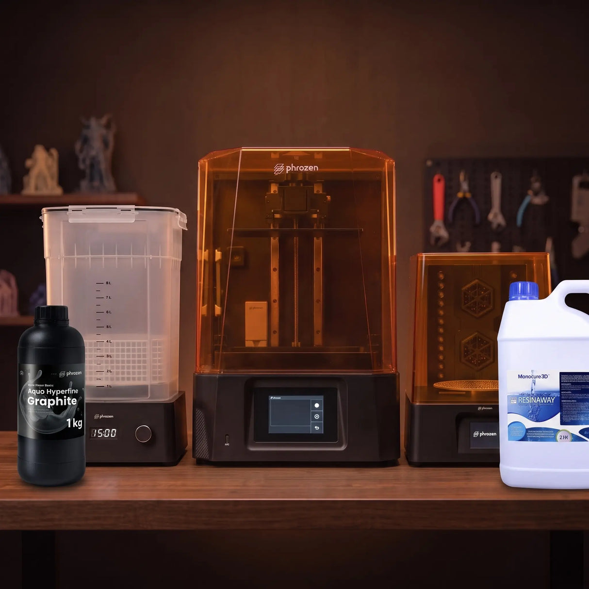 Phrozen Sonic Mighty Revo 14K resin 3D printer starter kit with wash station, cure station, Aqua Hyperfine Graphite resin and Resinaway on warm timber workbench
