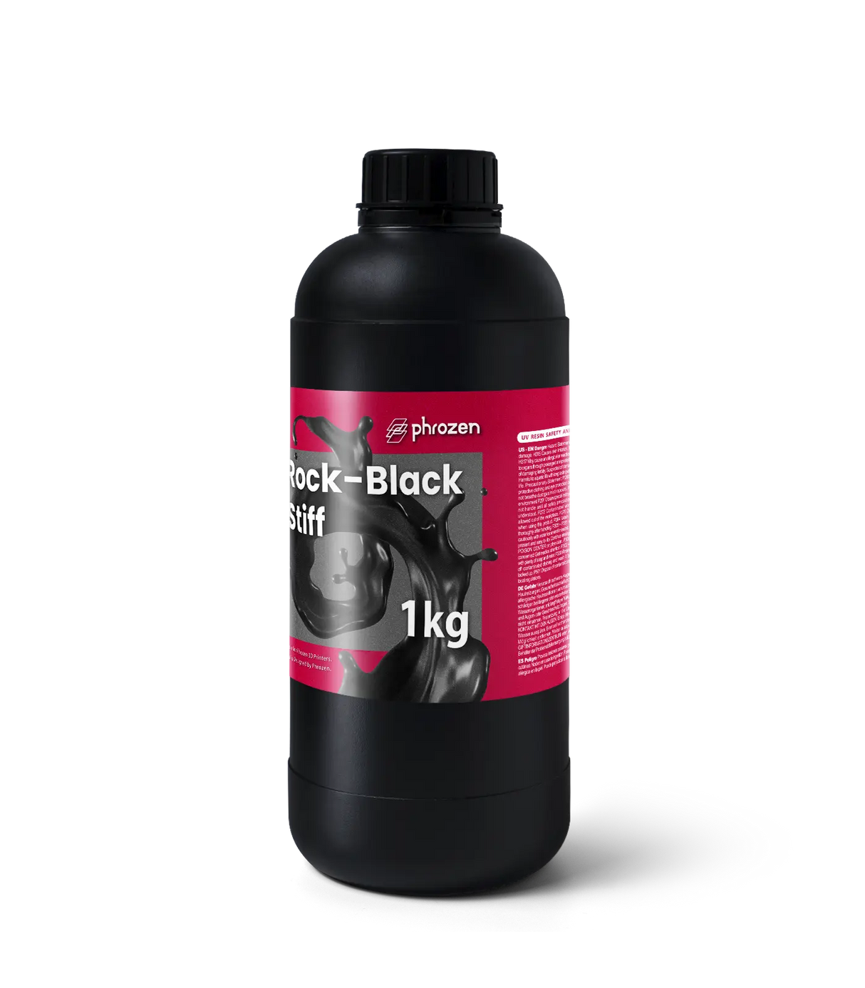 Phrozen Rock Black Stiff engineering resin 1kg bottle side view with GHS hazard statement