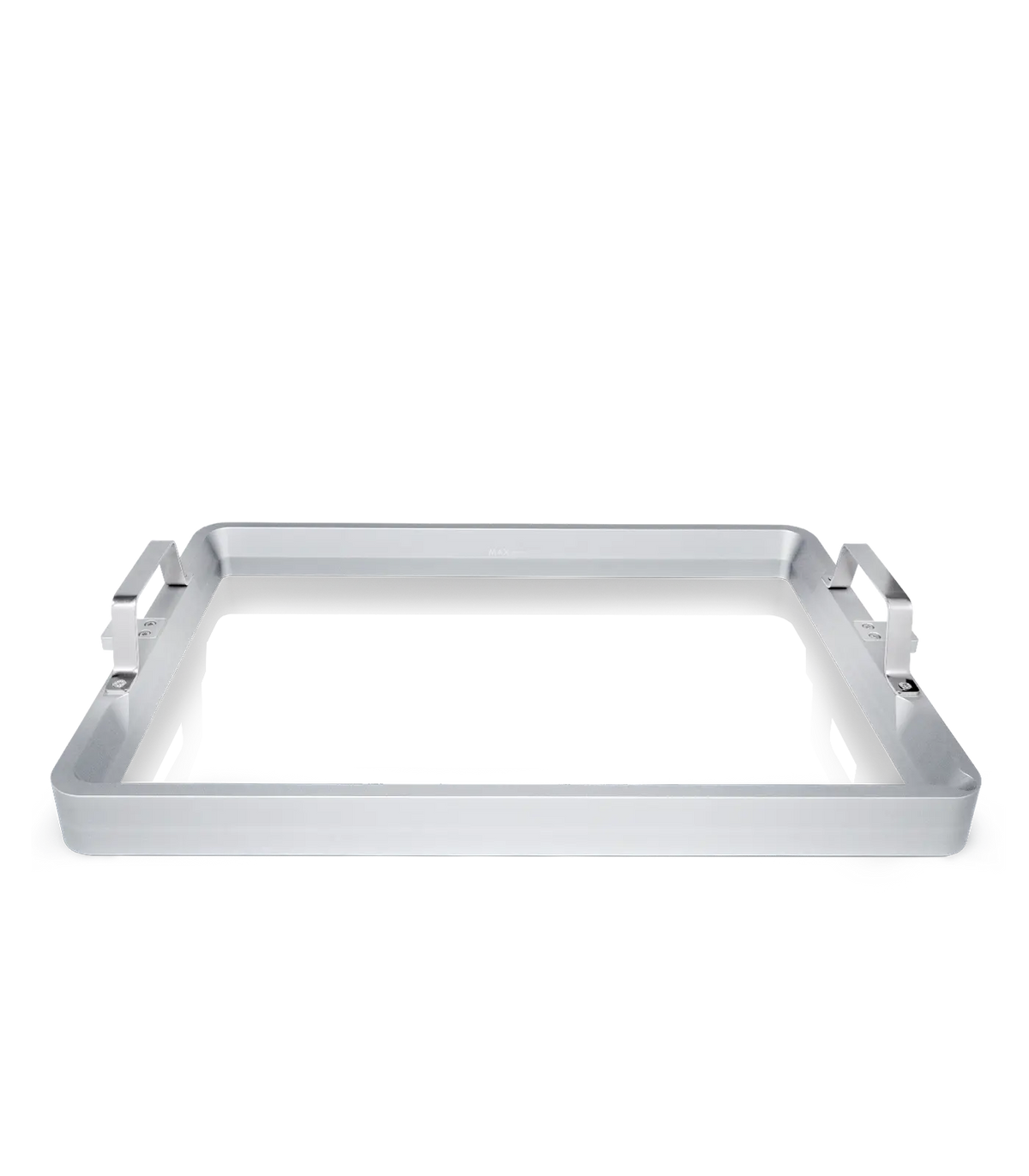 Phrozen Sonic Mega 8K S resin vat, front view, showing the aluminium frame and metal handles on each side.