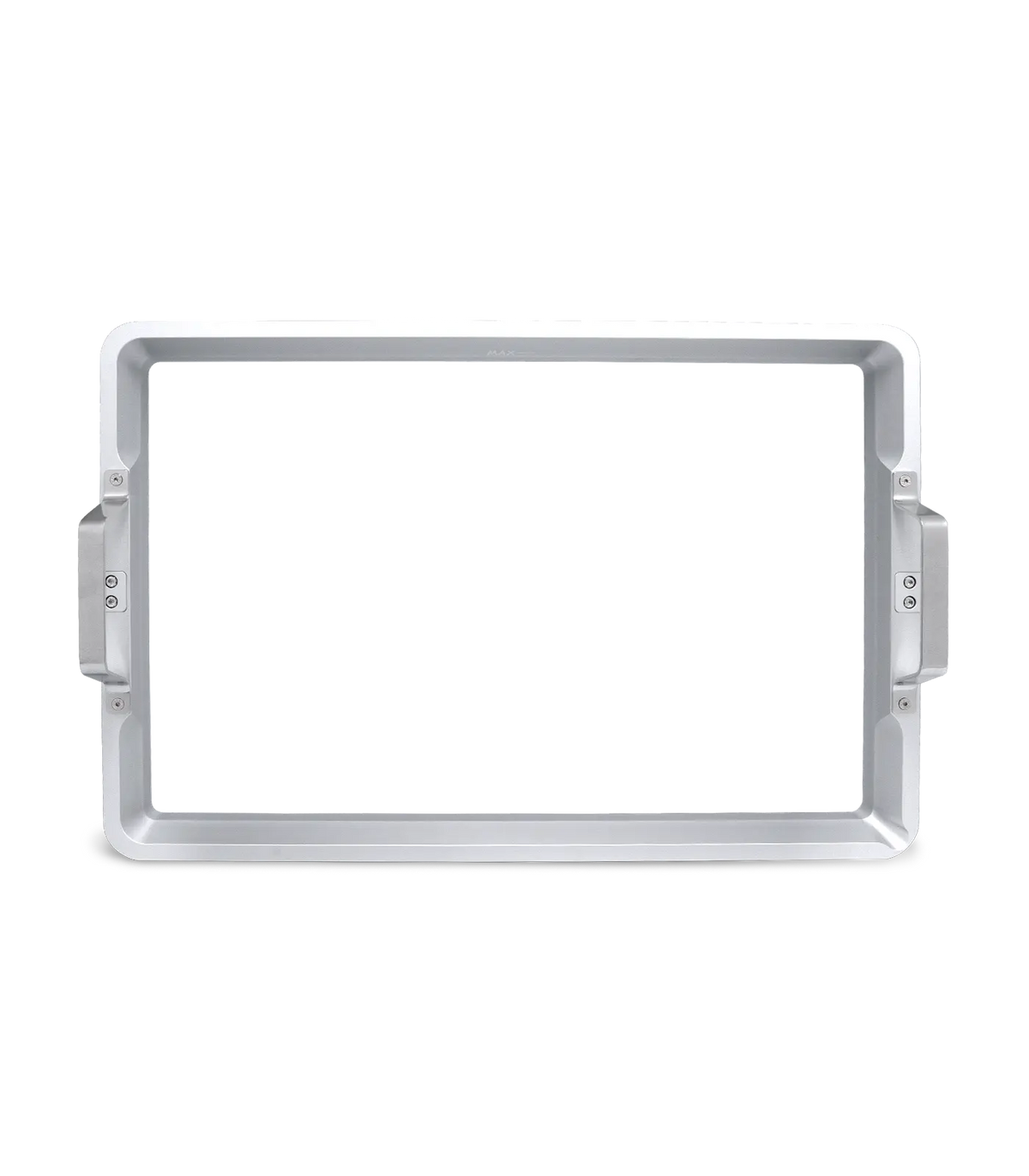 Phrozen Sonic Mega 8K S resin vat, top down view, showing the empty tray, MAX fill line, and metal handles on each side.