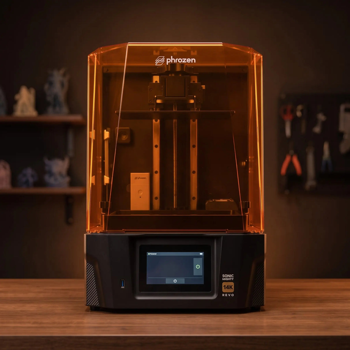 Phrozen Sonic Mighty Revo 14K resin 3D printer front view on warm timber workbench