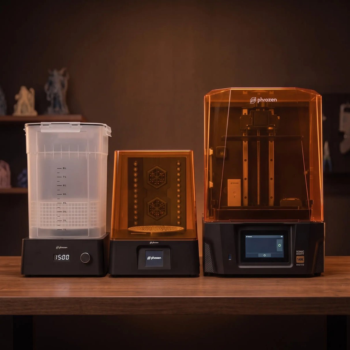 Phrozen Sonic Mighty Revo 14K resin 3D printer with wash station and cure station on warm timber workbench