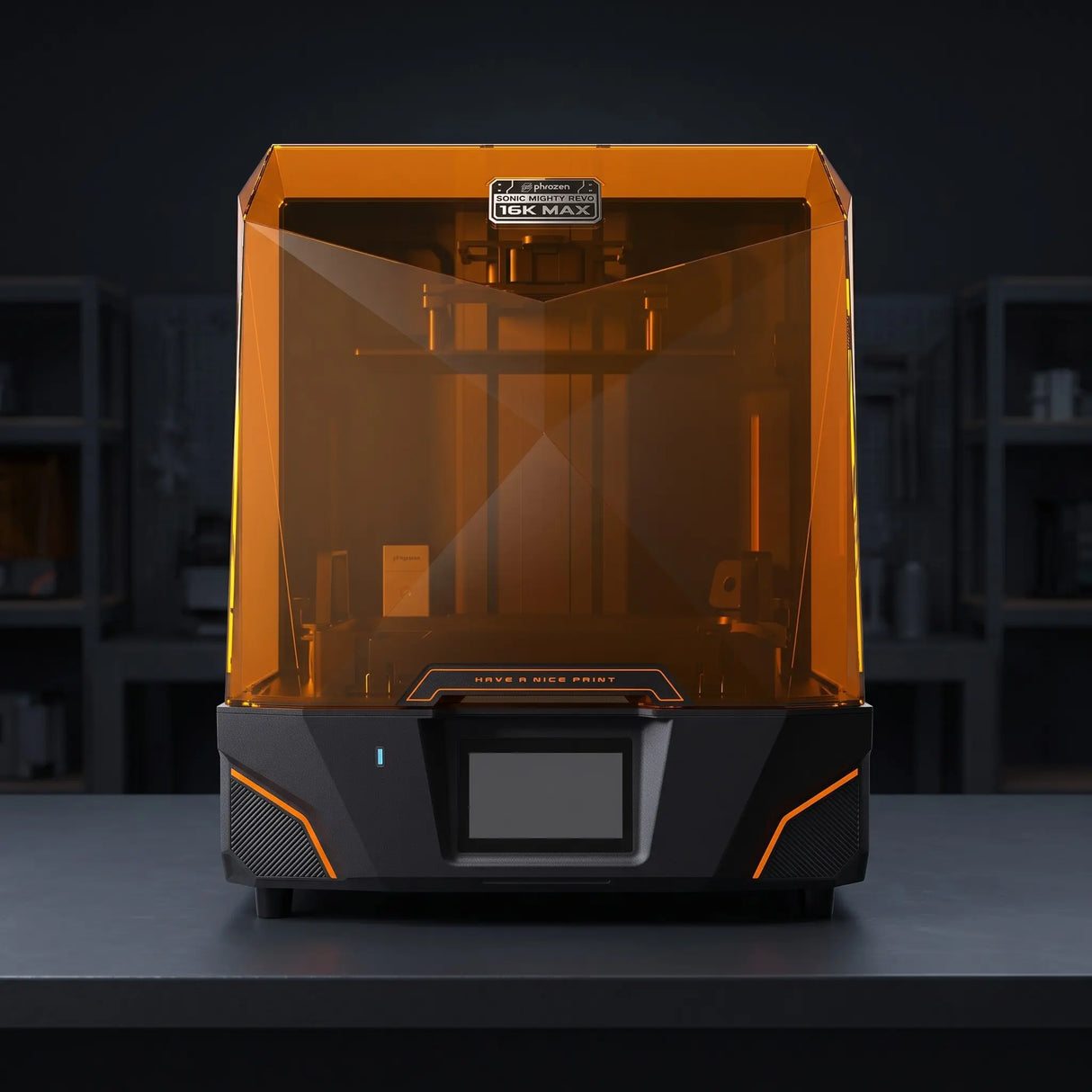 Phrozen Sonic Mighty Revo 16K MAX resin 3D printer front view on dark studio workbench