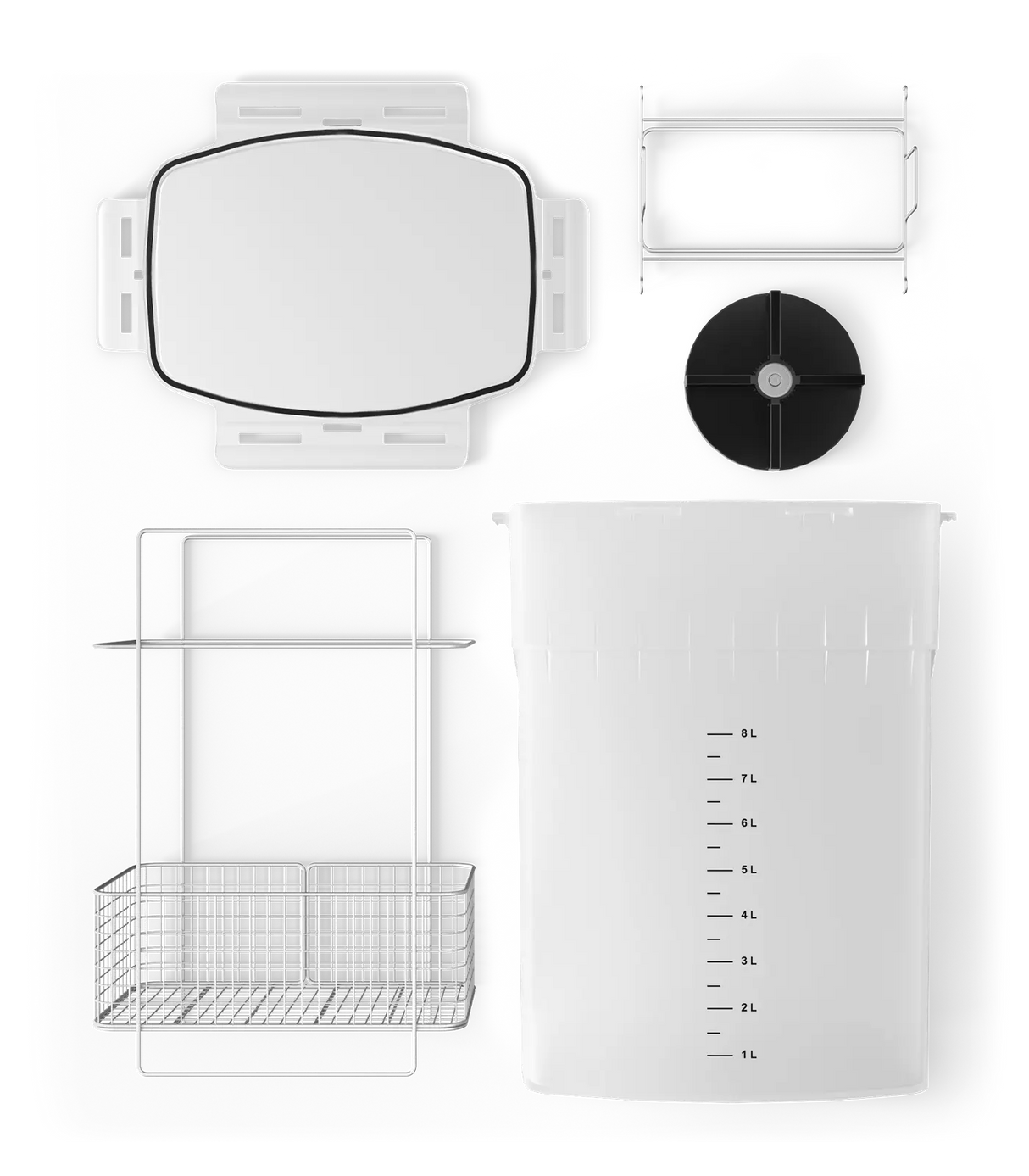 Phrozen Wash and Cure Kit Washing Bucket Set contents: lid, basket and holder, magnetic impeller, and 8 litre bucket
