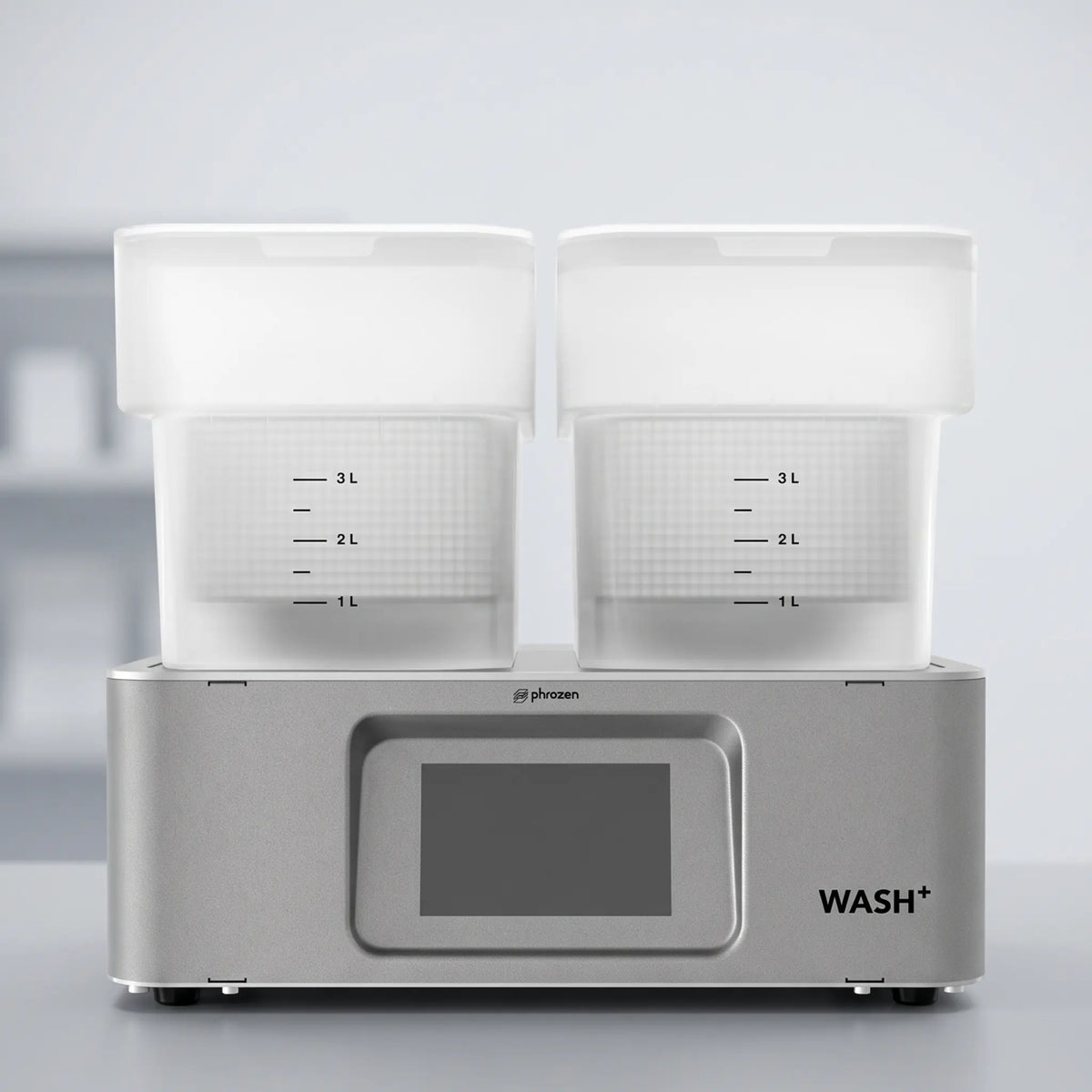 Phrozen Wash+ dental resin washing unit, front view, with two translucent 3L wash tanks and a touchscreen control panel.
