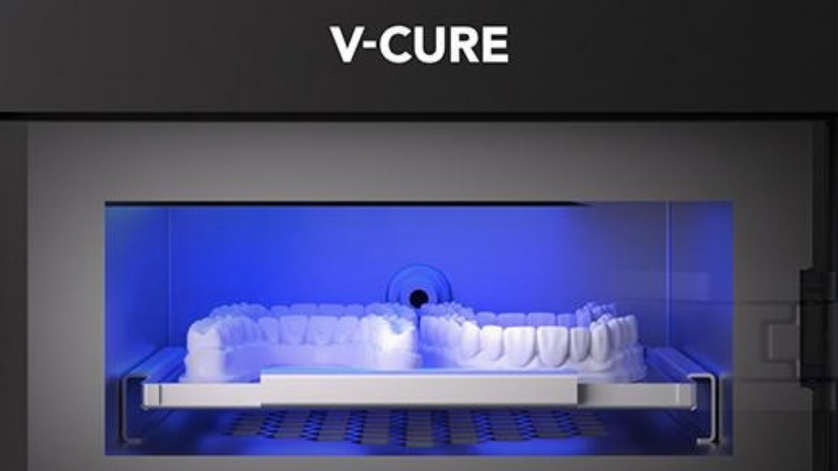 Dental models curing under blue UV light inside the Phrozen V-CURE chamber