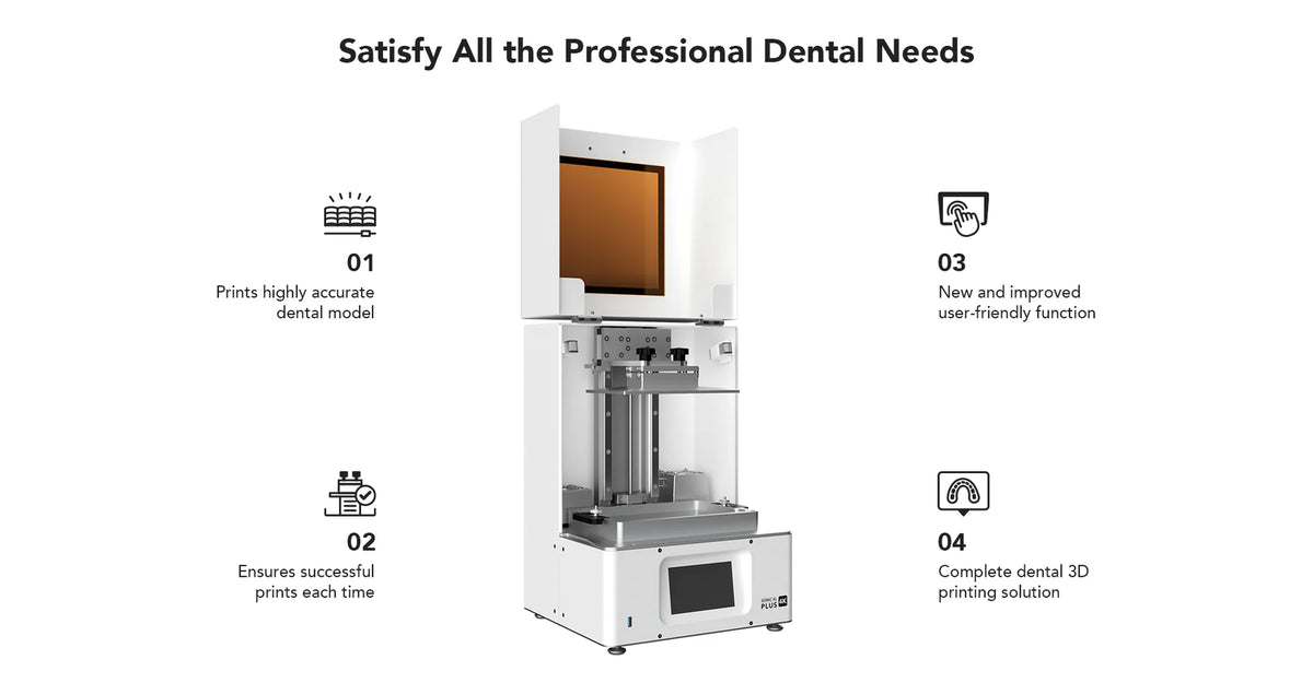 Phrozen Sonic XL 4K Plus dental 3D printer open with build plate visible showing high accuracy dental model printing capabilities