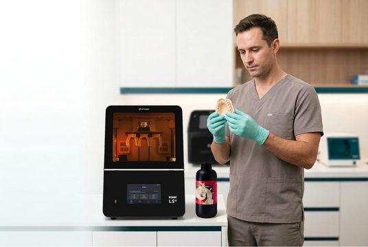 A dental lab operator holding a 3d printed dental model, in a room with Phrozen dental 3d printing products