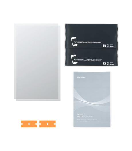 Contents of the Phrozen tempered glass LCD screen protector kit laid out: two glass panels, two patch installation and cleaning kits, two orange scraper tools, and a safety instructions booklet.
