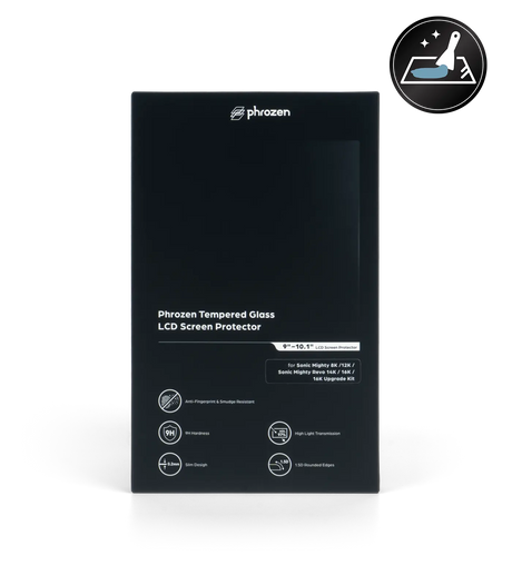 Front of the Phrozen tempered glass LCD screen protector box for Sonic Mighty 8K, 12K, Mighty Revo 14K, 16K, and 16K upgrade kit, listing features: anti fingerprint coating, 9H hardness, 0.2mm slim design, high light transmission, and 1.5D rounded edges.