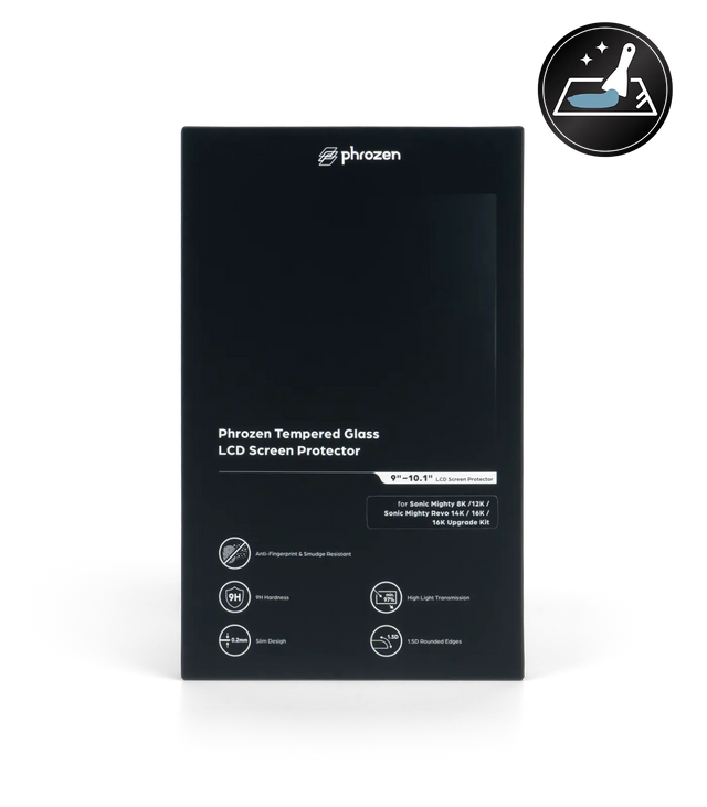 Front of the Phrozen tempered glass LCD screen protector box for Sonic Mighty 8K, 12K, Mighty Revo 14K, 16K, and 16K upgrade kit, listing features: anti fingerprint coating, 9H hardness, 0.2mm slim design, high light transmission, and 1.5D rounded edges.