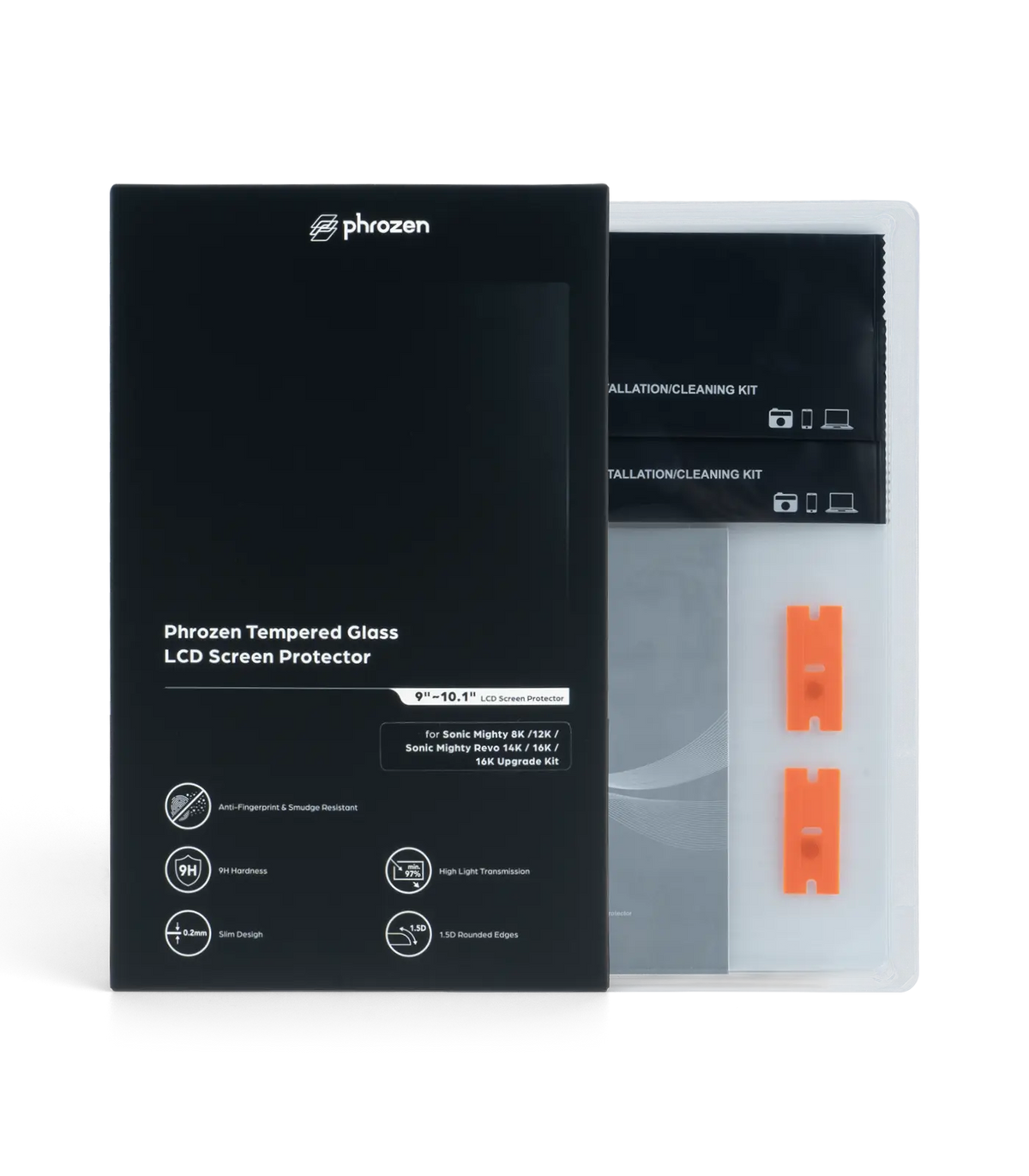 Phrozen tempered glass LCD screen protector box standing beside its unpacked contents, including the safety booklet, orange scraper tools, and cleaning kits.