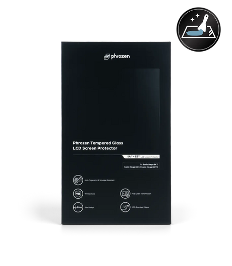 Front of the Phrozen tempered glass LCD screen protector box for Sonic Mega 8K, 8K S, and 8K V2 printers, listing features: anti fingerprint coating, 9H hardness, 0.2mm slim design, high light transmission, and 1.5D rounded edges.