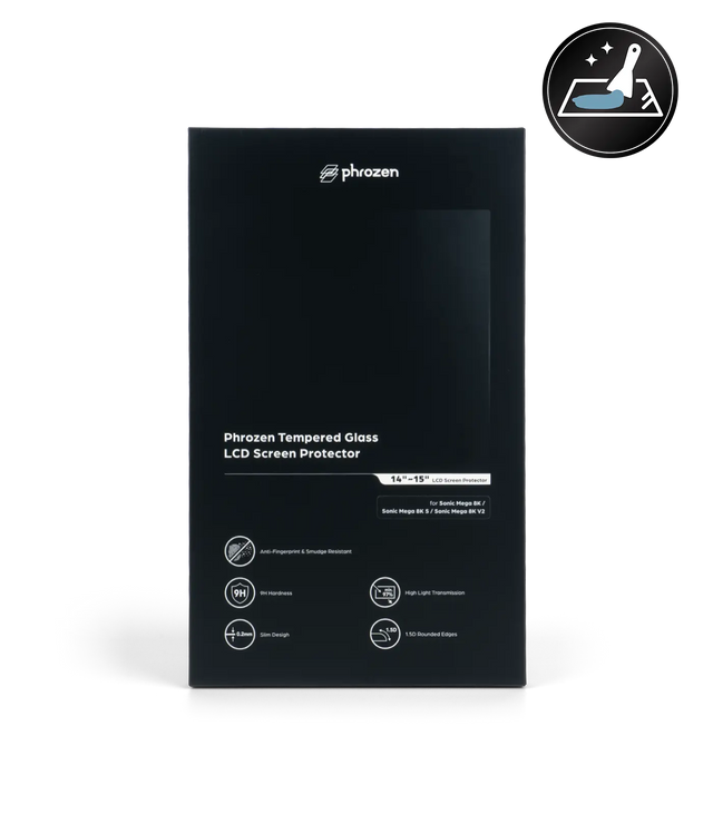 Front of the Phrozen tempered glass LCD screen protector box for Sonic Mega 8K, 8K S, and 8K V2 printers, listing features: anti fingerprint coating, 9H hardness, 0.2mm slim design, high light transmission, and 1.5D rounded edges.