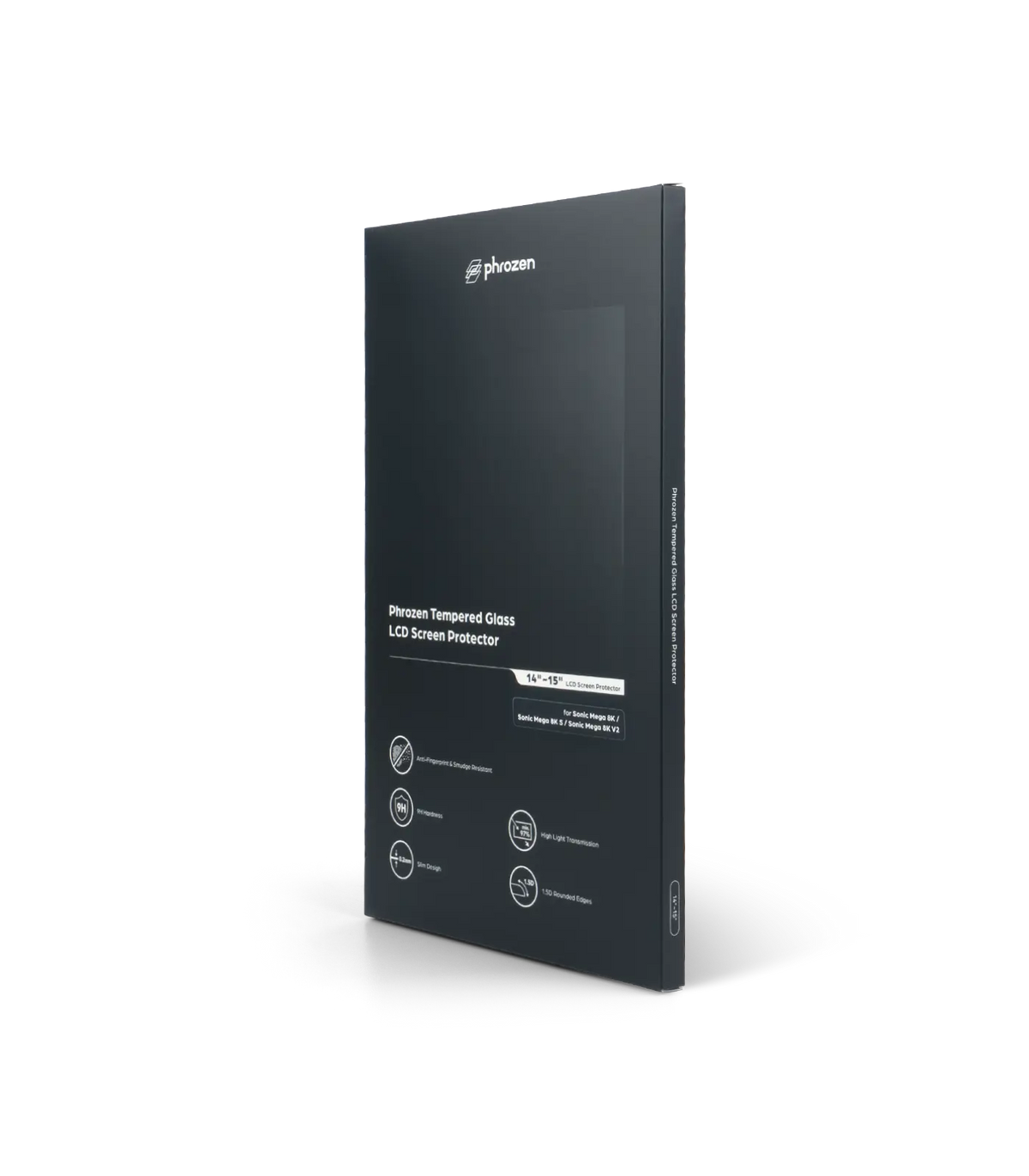 Phrozen tempered glass LCD screen protector box, angled view, for Sonic Mega 8K, 8K S, and 8K V2 printers, 14 to 15 inch size.