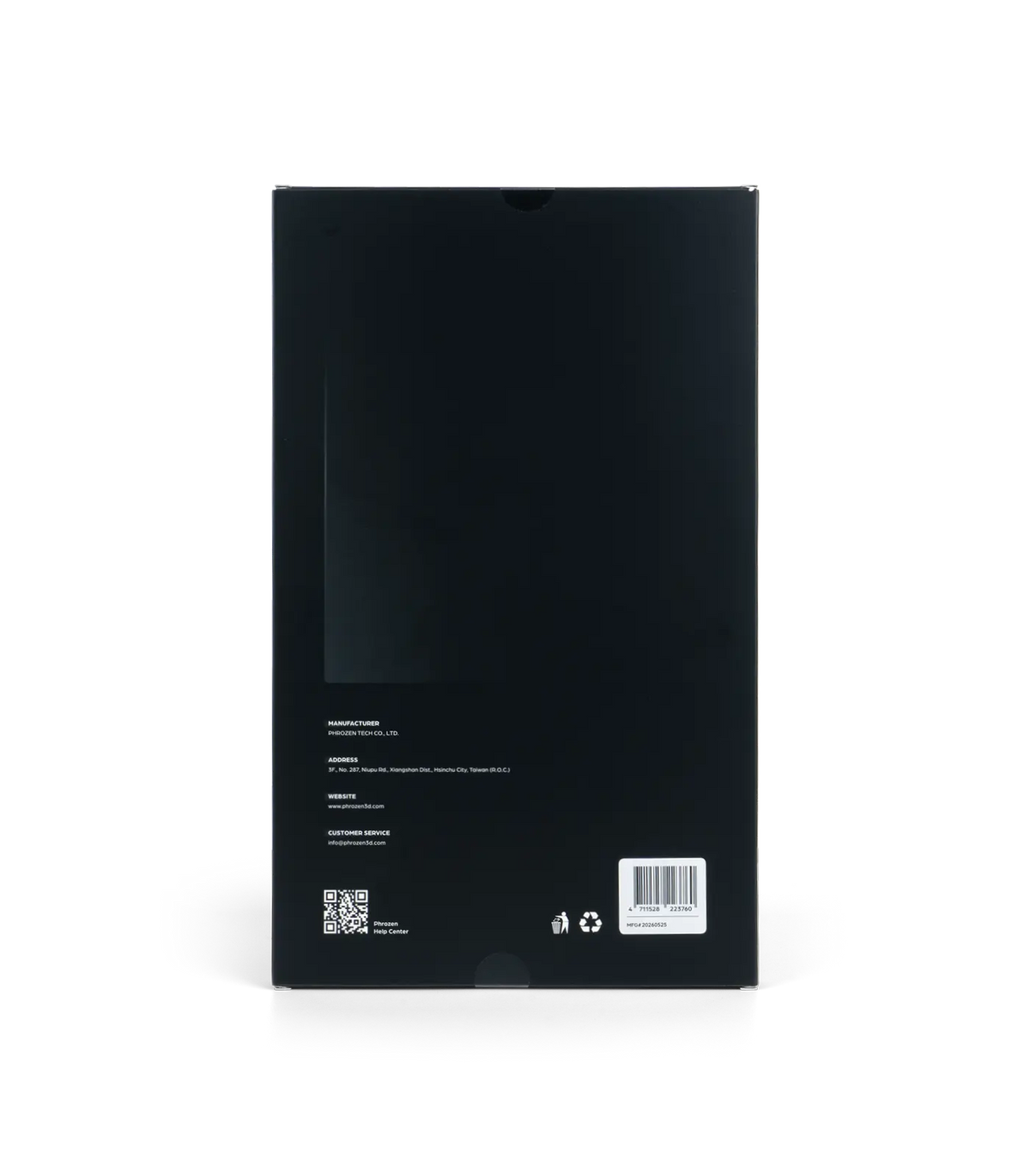 Back of the Phrozen tempered glass LCD screen protector box, showing manufacturer details, barcode, and recycling icons.