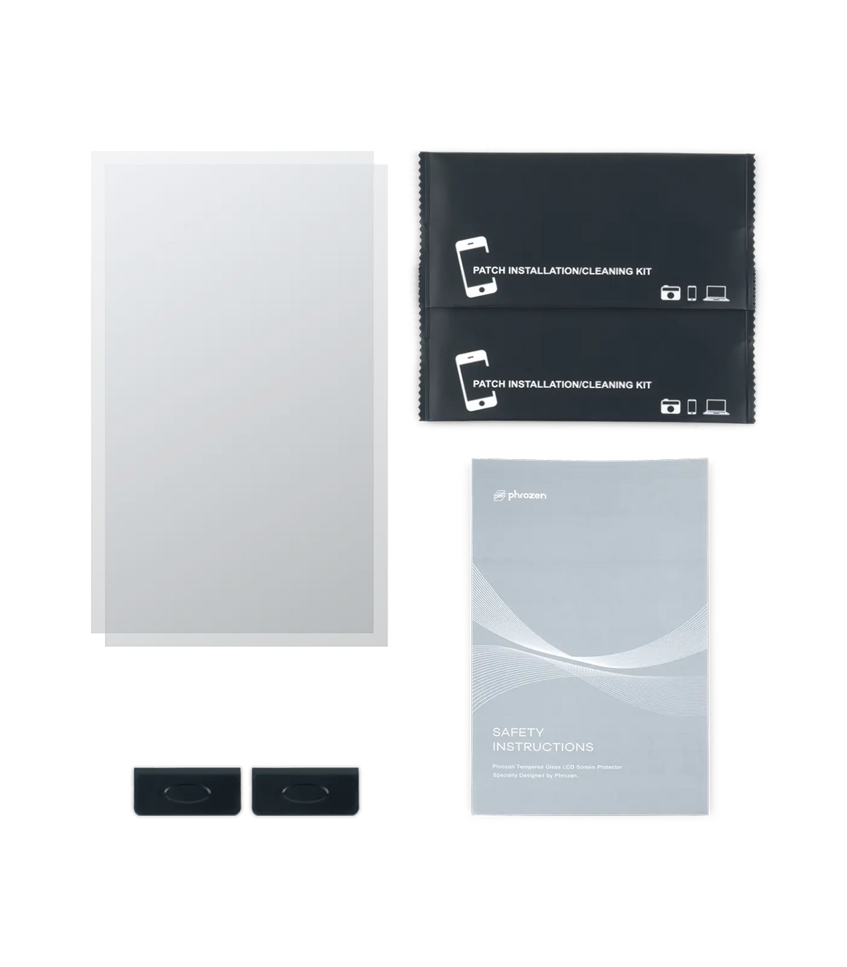 Contents of the Phrozen tempered glass LCD screen protector kit laid out: two glass panels, two patch installation and cleaning kits, two dust removal stickers, and a safety instructions booklet.