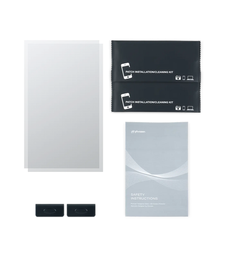 Contents of the Phrozen tempered glass LCD screen protector kit laid out: two glass panels, two patch installation and cleaning kits, two dust removal stickers, and a safety instructions booklet.