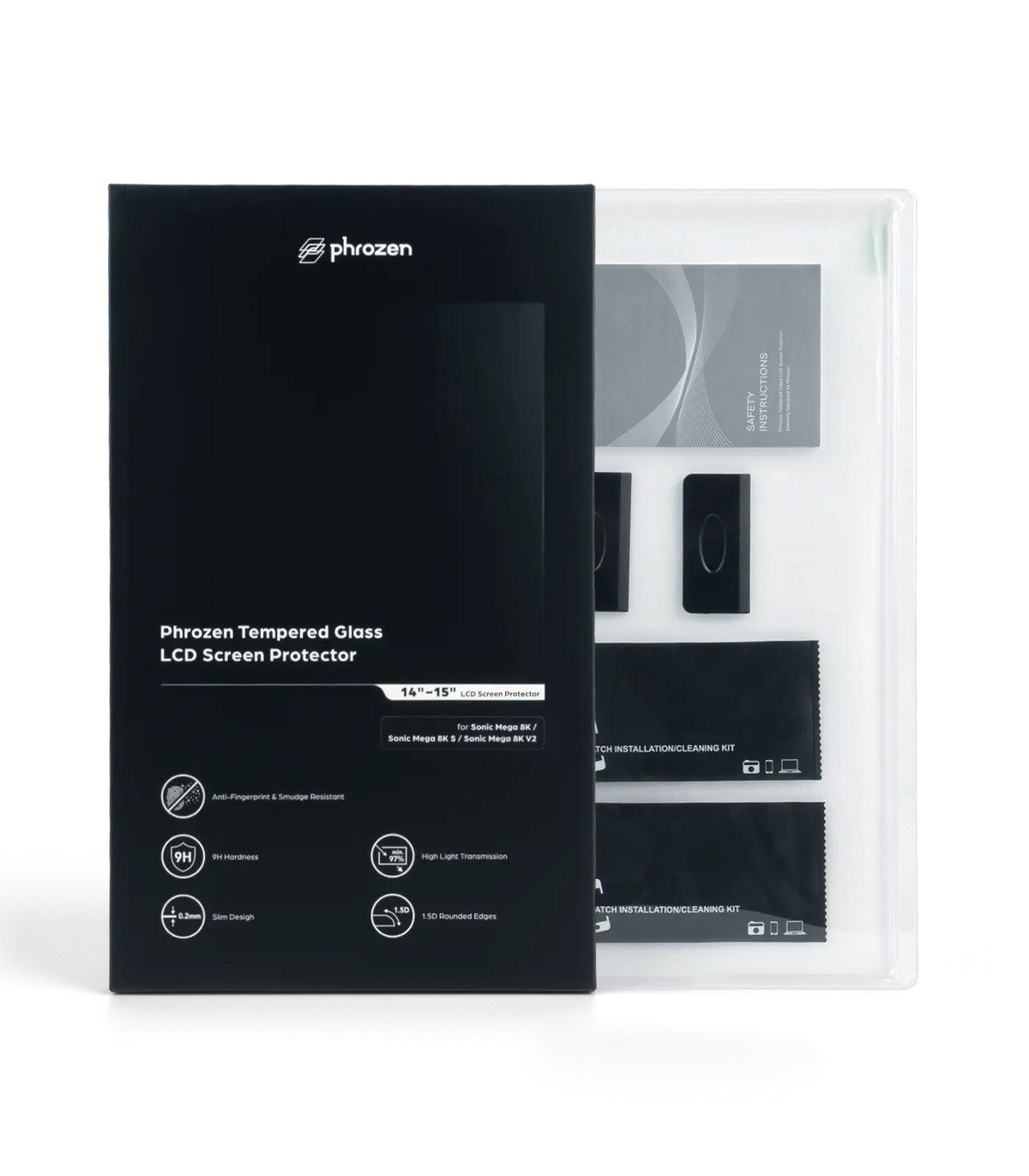 Phrozen tempered glass LCD screen protector box standing beside its unpacked contents, including the safety booklet, dust removal stickers, and cleaning kits.