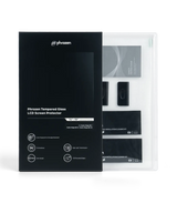 Phrozen tempered glass LCD screen protector box standing beside its unpacked contents, including the safety booklet, dust removal stickers, and cleaning kits.
