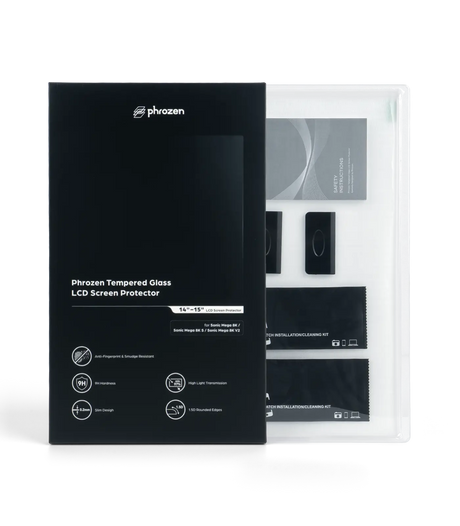 Phrozen tempered glass LCD screen protector box standing beside its unpacked contents, including the safety booklet, dust removal stickers, and cleaning kits.