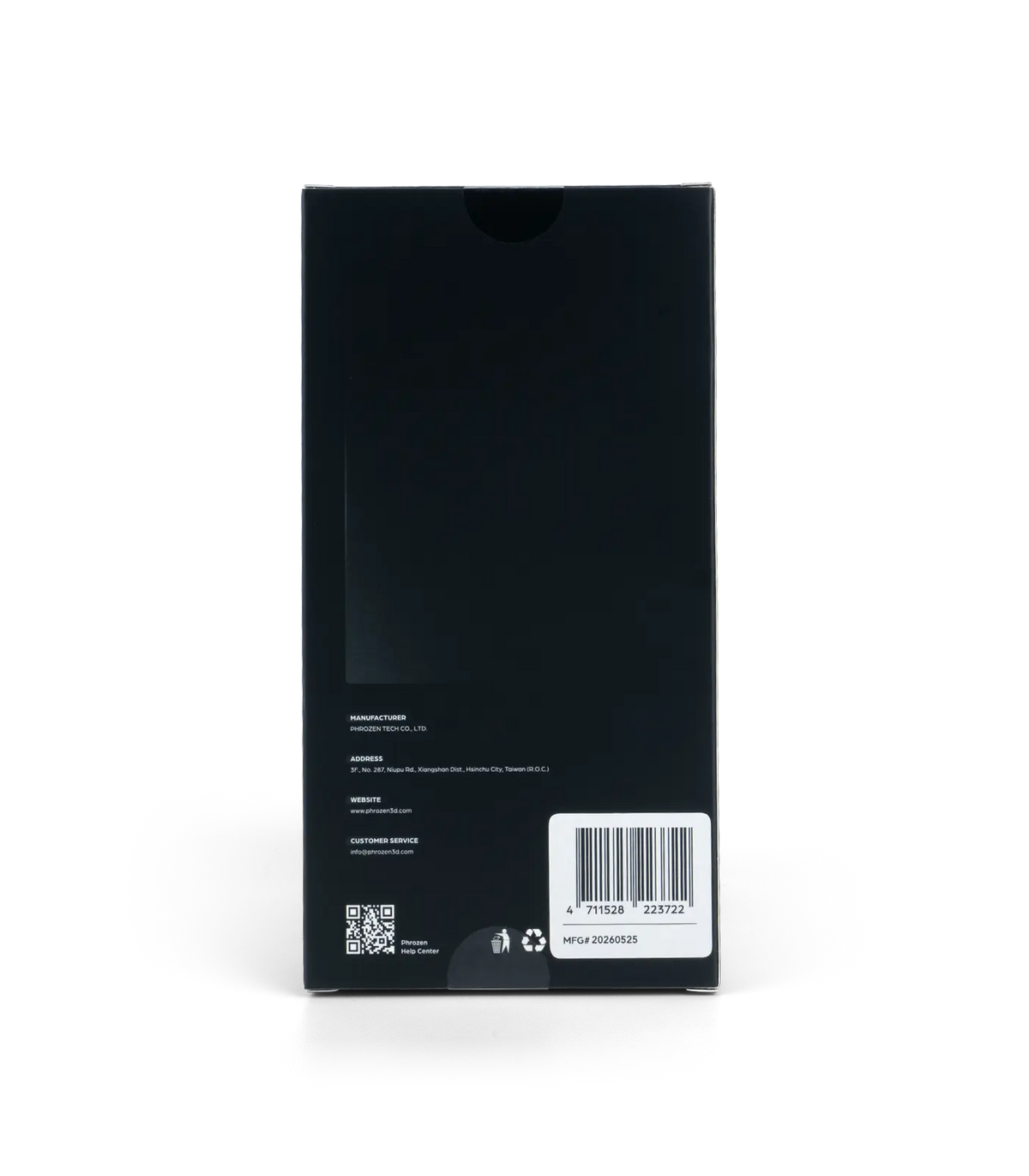 Back of the Phrozen tempered glass LCD screen protector box, showing manufacturer details, barcode, and recycling icons.