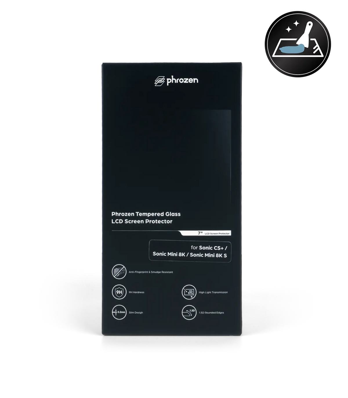 Front of the Phrozen tempered glass LCD screen protector box for Sonic CS+, Sonic Mini 8K, and Sonic Mini 8K S, listing features: anti fingerprint coating, 9H hardness, 0.2mm slim design, high light transmission, and 1.5D rounded edges.