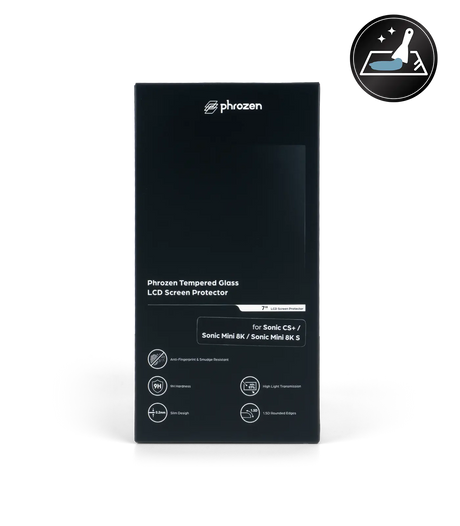 Front of the Phrozen tempered glass LCD screen protector box for Sonic CS+, Sonic Mini 8K, and Sonic Mini 8K S, listing features: anti fingerprint coating, 9H hardness, 0.2mm slim design, high light transmission, and 1.5D rounded edges.