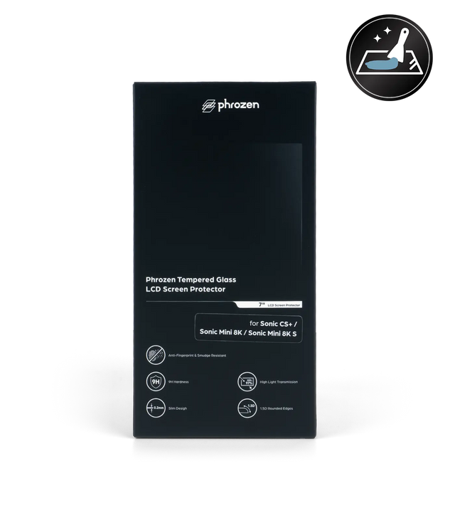 Front of the Phrozen tempered glass LCD screen protector box for Sonic CS+, Sonic Mini 8K, and Sonic Mini 8K S, listing features: anti fingerprint coating, 9H hardness, 0.2mm slim design, high light transmission, and 1.5D rounded edges.