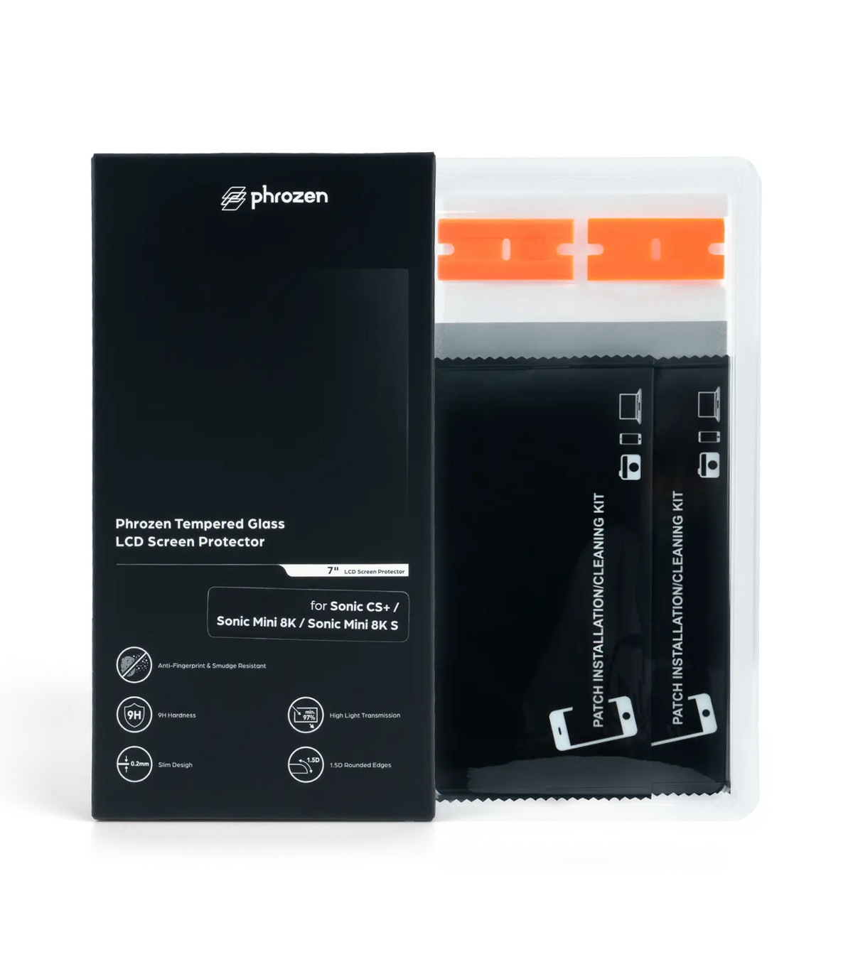 Phrozen tempered glass LCD screen protector box standing beside its unpacked contents, including two orange scraper tools and two patch installation and cleaning kits.