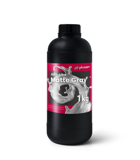 Close-up of Phrozen ABS-like Matte Gray resin bottle label and cap