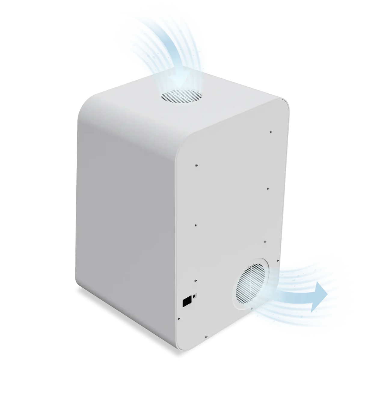 Phrozen Air Purifier Max shown at an angle with blue arrows illustrating airflow, air drawn in through the top intake and expelled through the side exhaust vent.